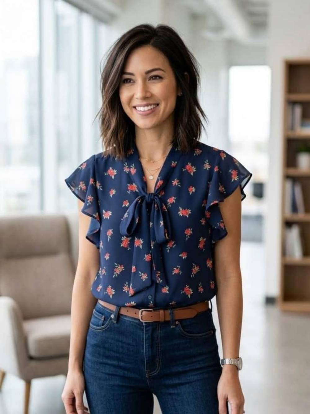 Woven Tie-Neck Flutter Sleeve Top - Navy Floral • Size XS
